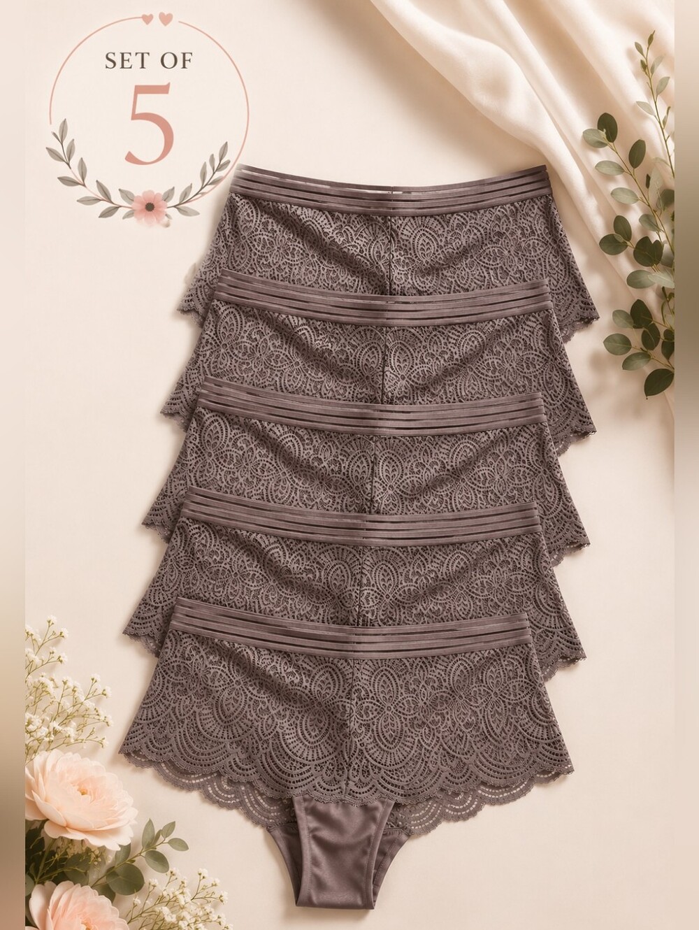 NWT Ashley Graham Plus Size Set of 5 Taupe Lace Boyshort Panties Nylon Blend